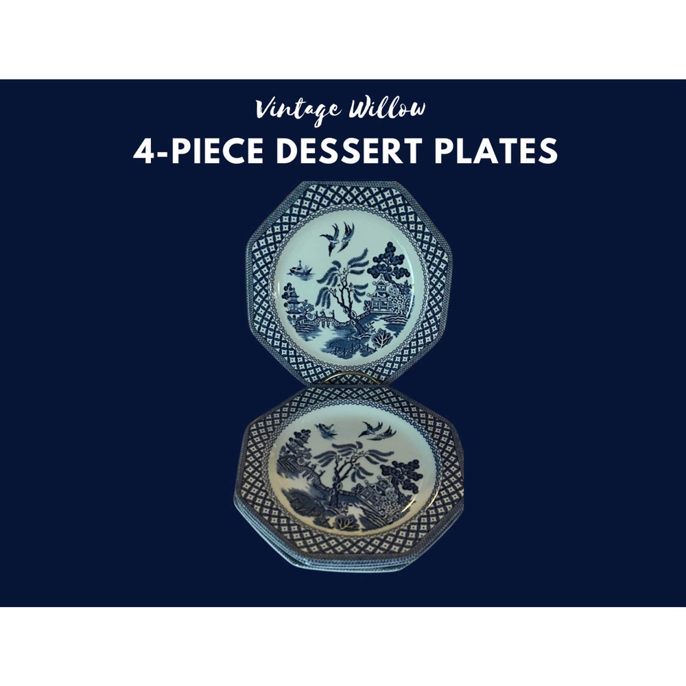 Vintage Set of 4 Side/Dessert/Pie Plates Meakin Willow Ironstone Blue and White